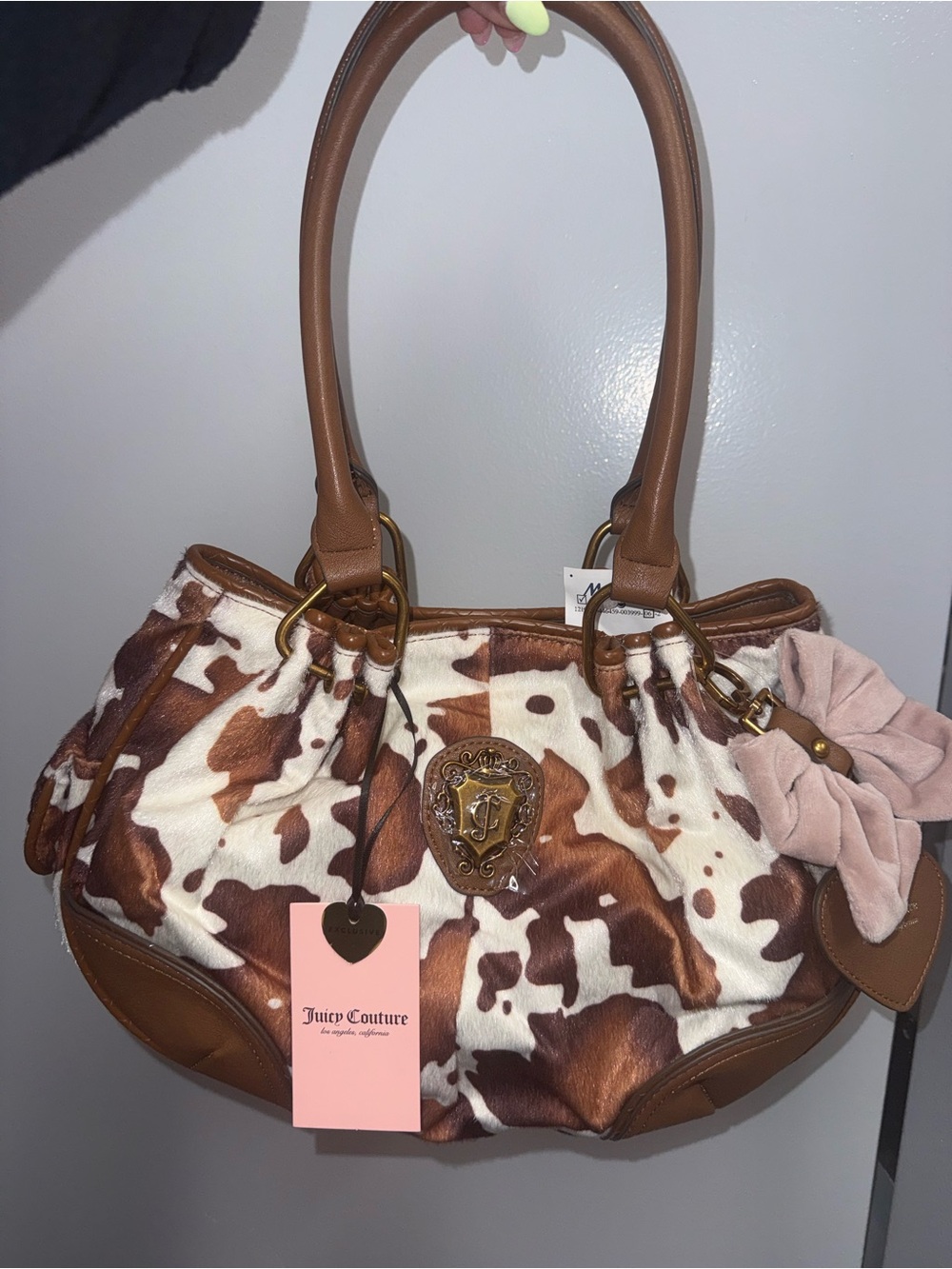 Juicy Romance Cow Satchel/ Shoulder Bag in Saddle/ White with cow hide faux fur